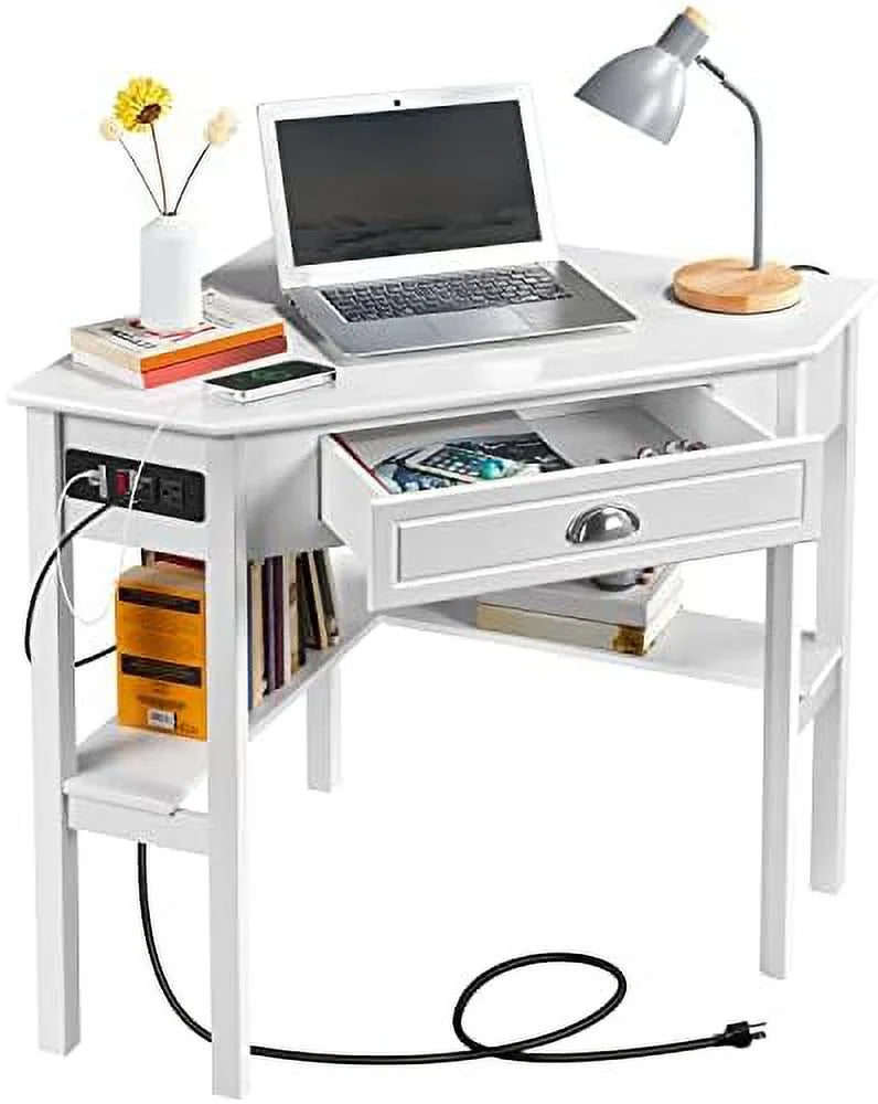 L Shaped Corner Computer Desk with Power Outlets White F356254