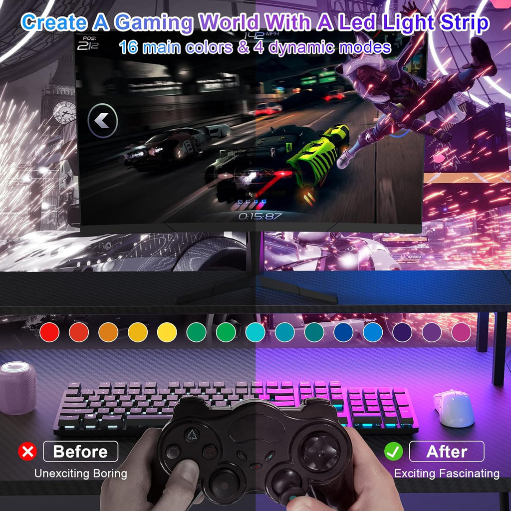 Black L Shaped Gaming Desk with LED Lights and Power Strip K708722