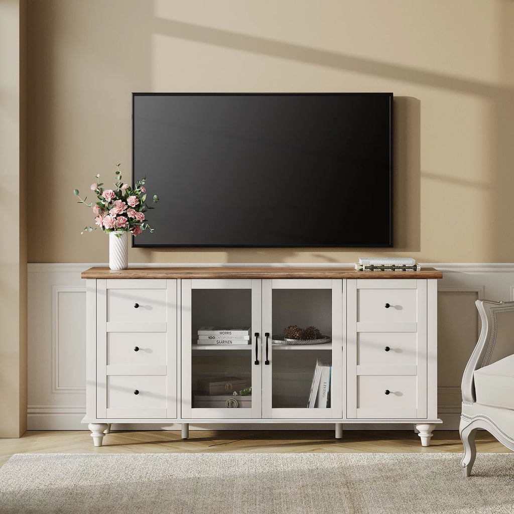 4-Door Glass and Wood TV Stand with 4 Storage Cabinets R768