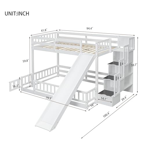 White Twin Over Full Bunk Bed with Slide and Storage Staircase D83386