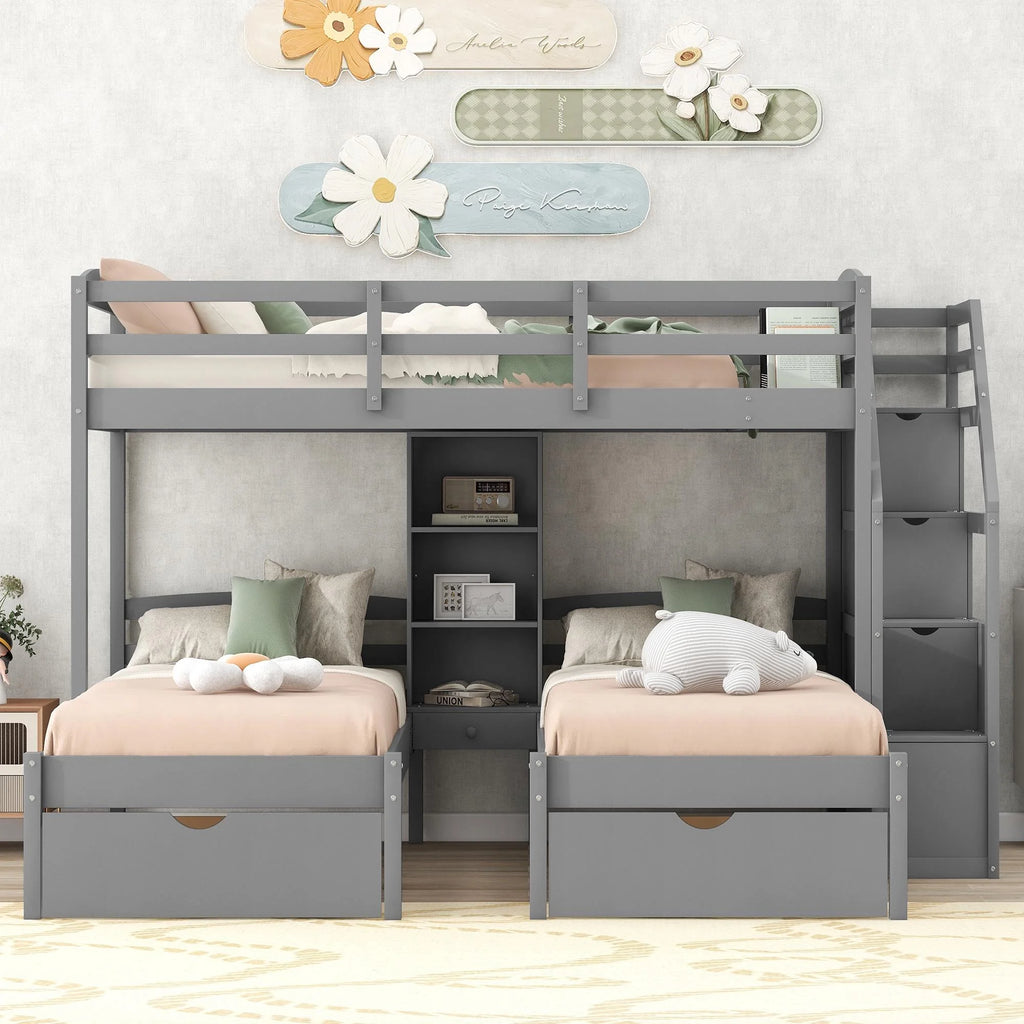 Twin over Twin & Twin Wood Triple Bunk Bed with Stairs and 2 Storage Drawers J406362