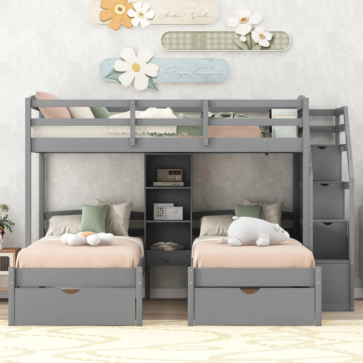 Twin over Twin & Twin Wood Triple Bunk Bed with Stairs and 2 Storage Drawers J406362