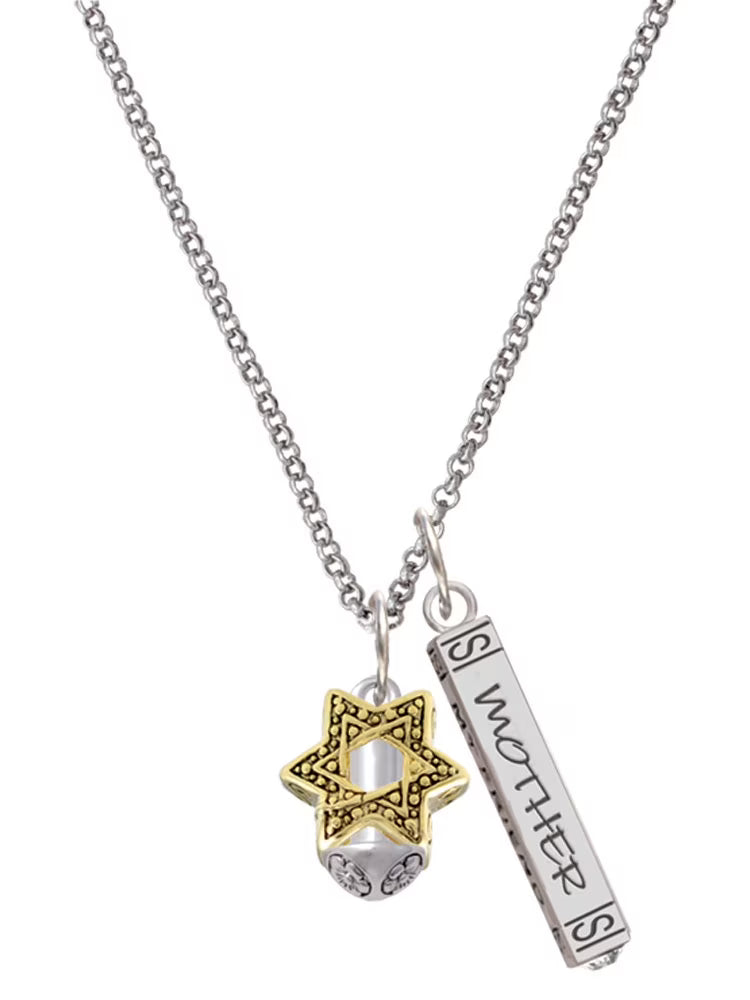 Goldtone Silvertone Star of David Spinner Mother Daughter Bar Charm Necklace, 23" N639