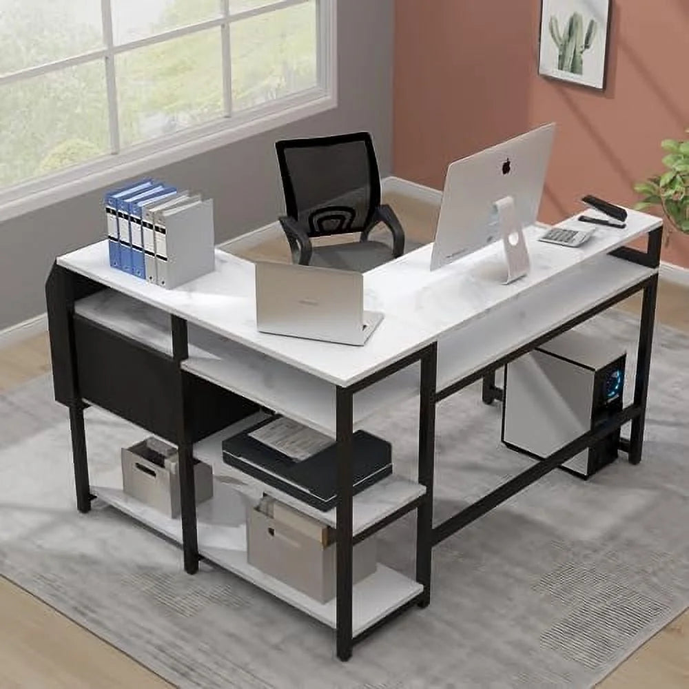 Reversible L Shaped Desk with Drawer 55" W x 41" D Industrial Corner Computer Desk with 4 Tier Shelves M42676