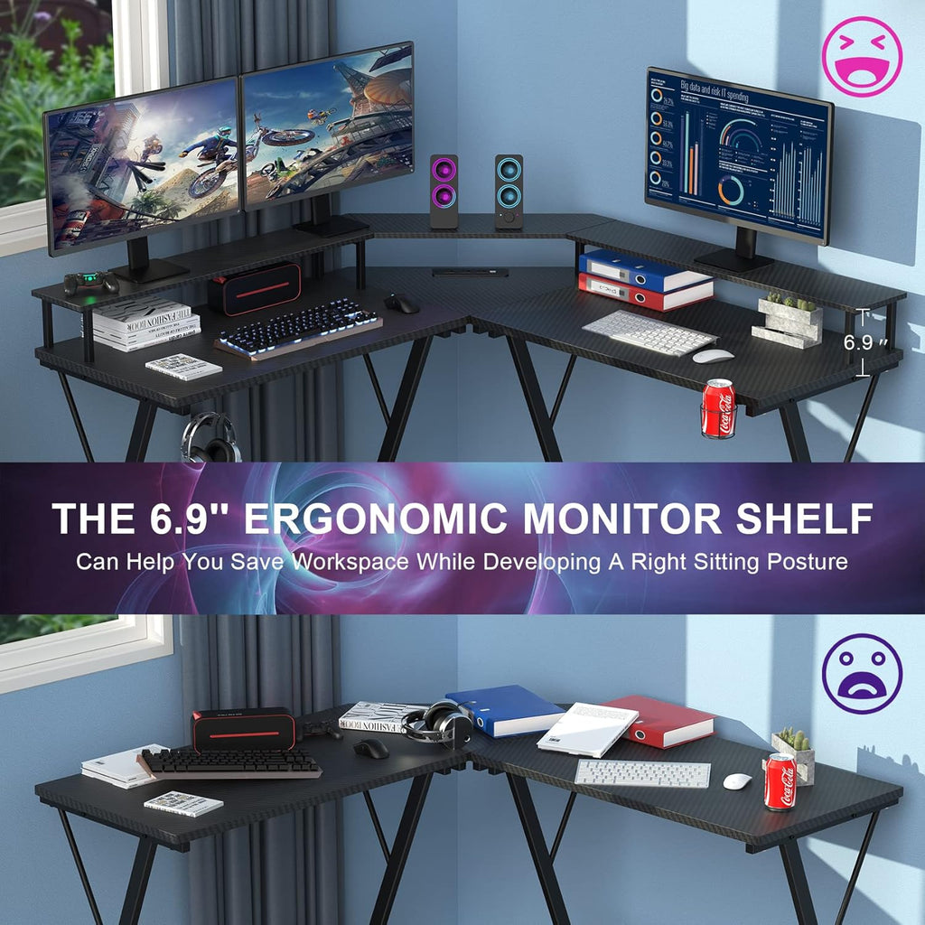 Black L Shaped Gaming Desk with LED Lights and Power Strip K708722