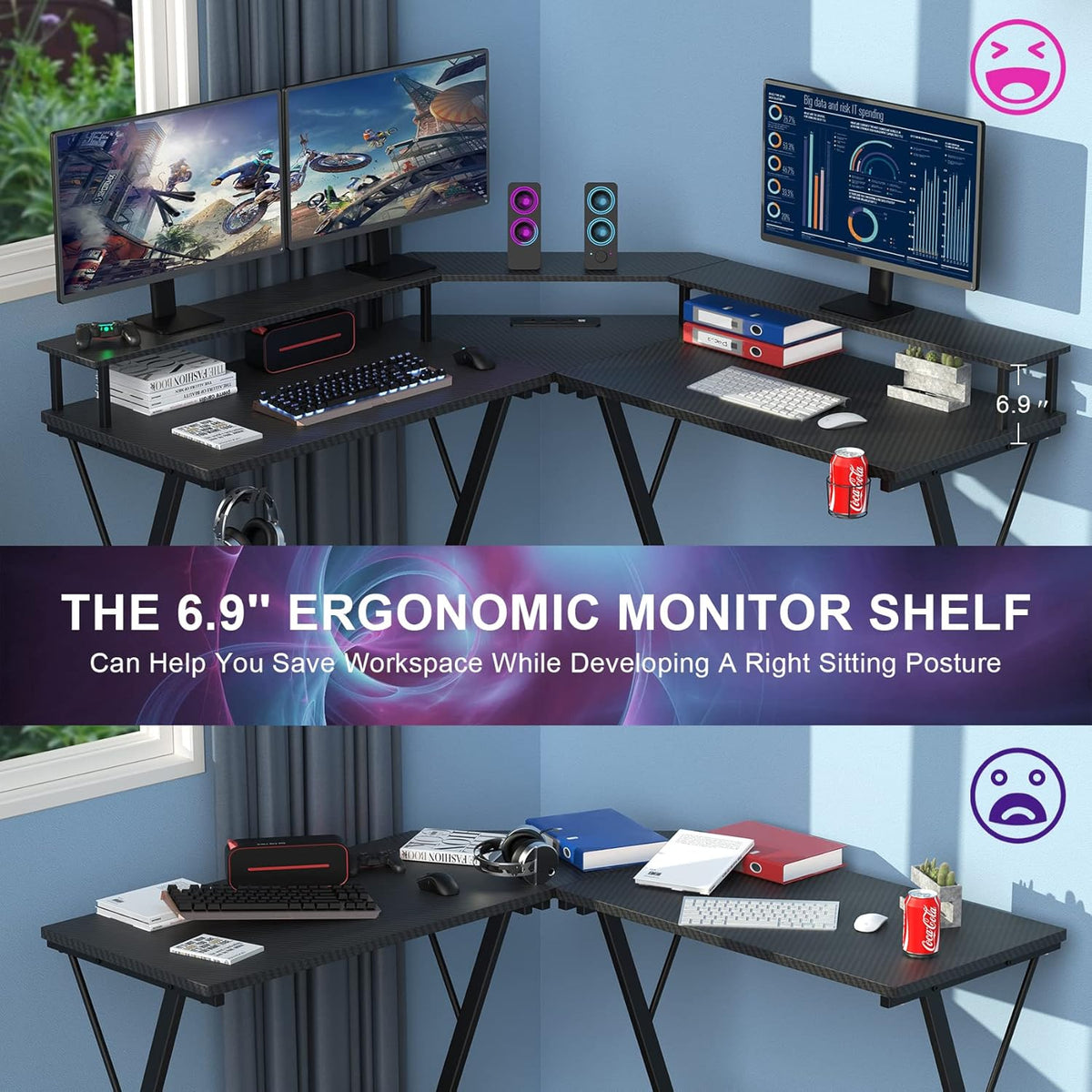 Black L Shaped Gaming Desk with LED Lights and Power Strip K708722