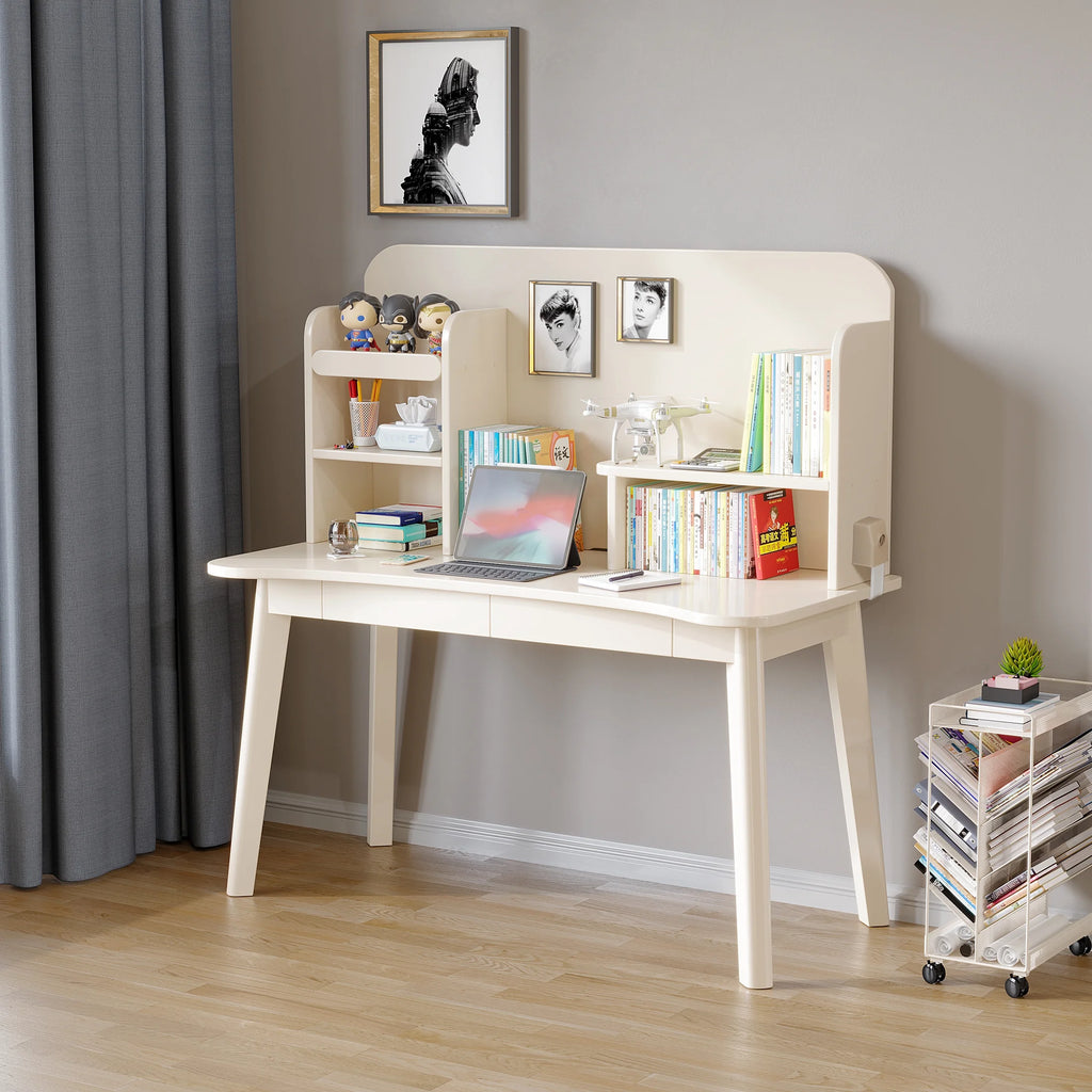 White Wooden Kids Desk with Bookshelf and Two Drawers U191264