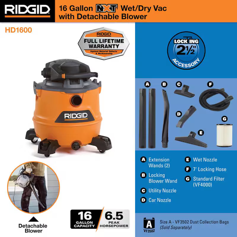 16 Gallon 6.5 Peak HP Wet/Dry Shop Vacuum with Detachable Blower P3738