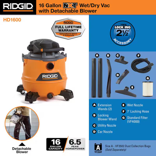 16 Gallon 6.5 Peak HP Wet/Dry Shop Vacuum with Detachable Blower P3738