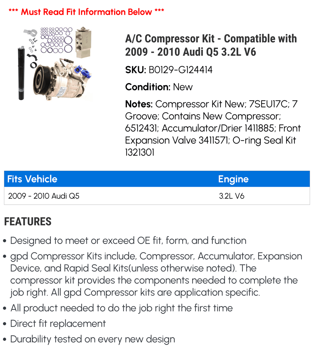 A/C Compressor Kit for 2009-2010 Audi Q5 3.2L V6 V6507