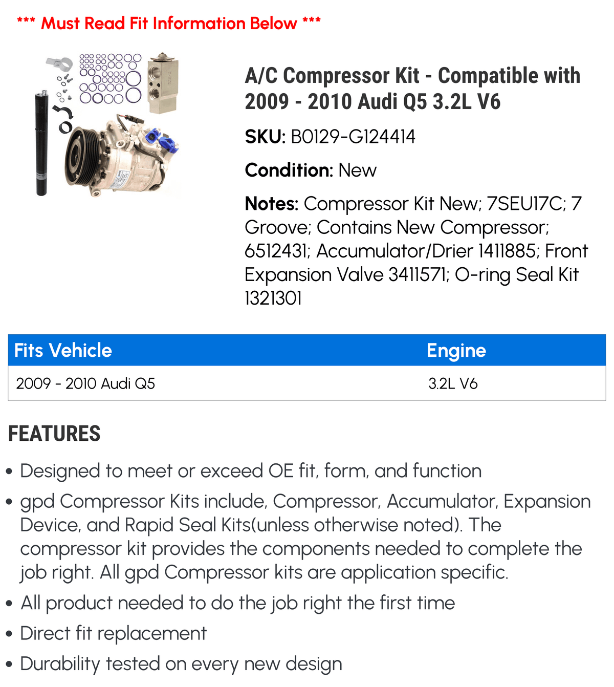 A/C Compressor Kit for 2009-2010 Audi Q5 3.2L V6 V6507