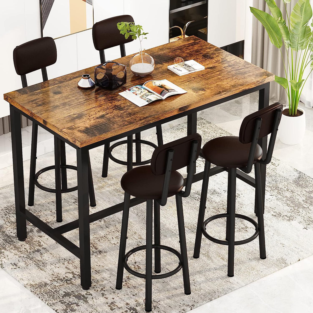 Faux Wooden 5-Piece Table Set with 4 Upholstered Chairs W70869