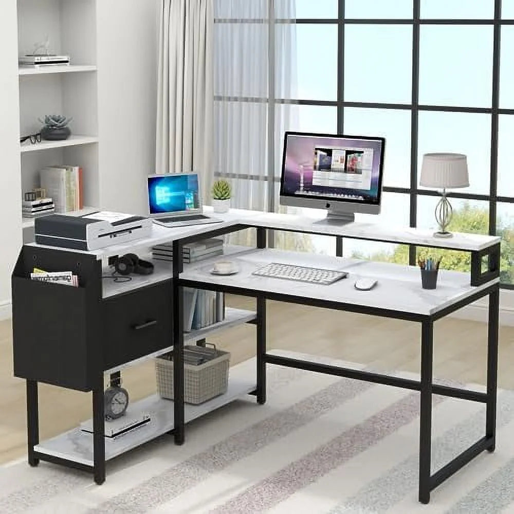 Reversible L Shaped Desk with Drawer 55" W x 41" D Industrial Corner Computer Desk with 4 Tier Shelves M42676