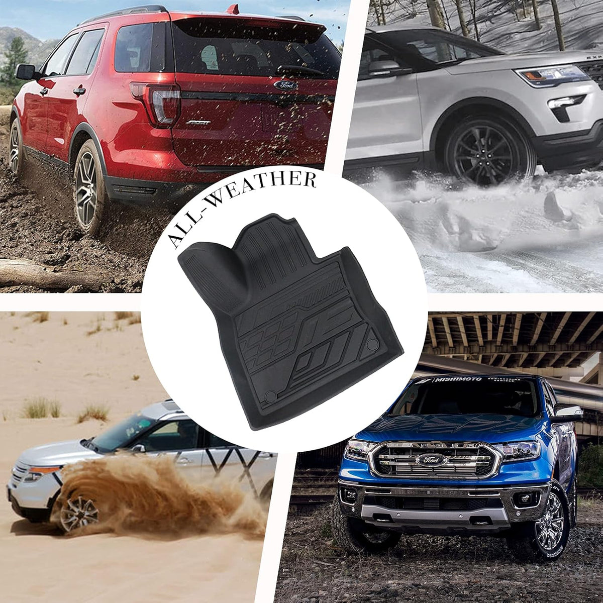 3D Design All Weather TPE Floor Liners for Ford Explorer 2019 2021, 1st and 2nd Row Black V5626