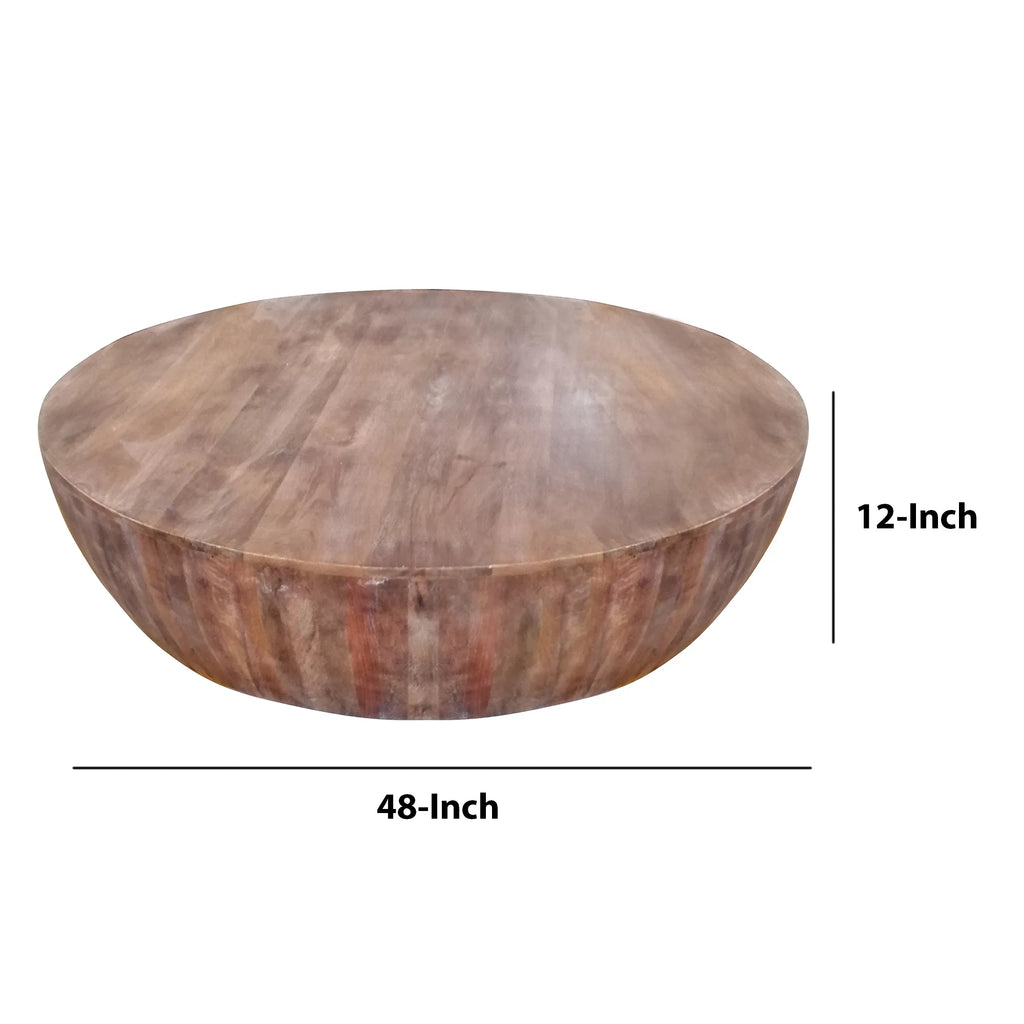 Handcarved Drum Shape Round Top Mango Wood Distressed Wooden Coffee Table T797