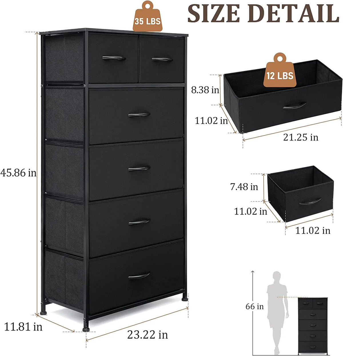 Black 6 Drawer Fabric Dresser C7545