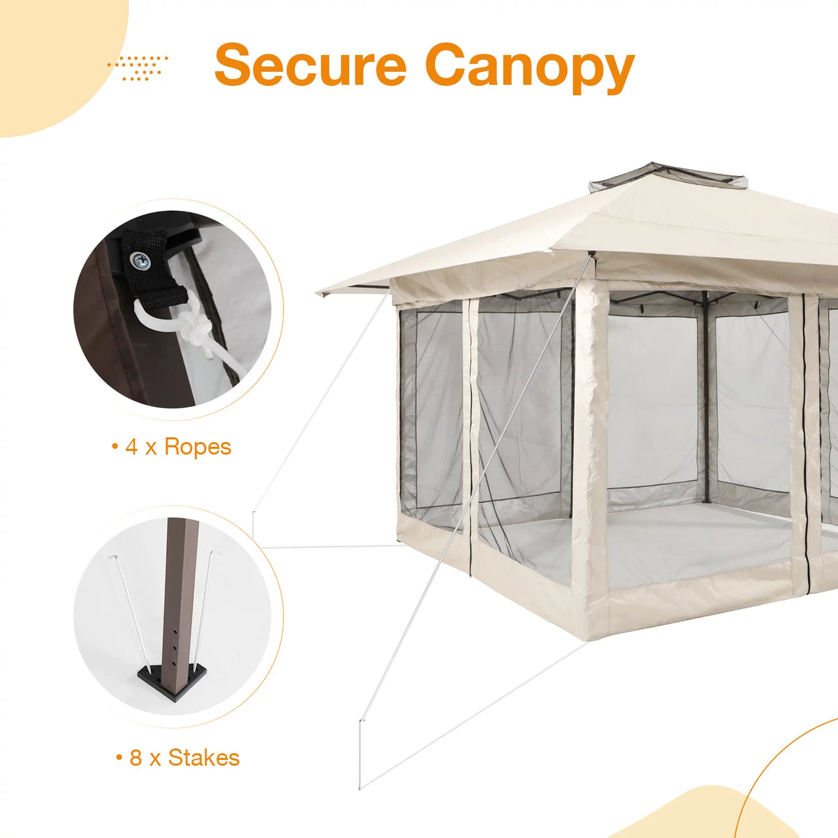 13'x13' Pop Up Gazebo with Netting Walls and Vented Roof Canopy, Beige J915