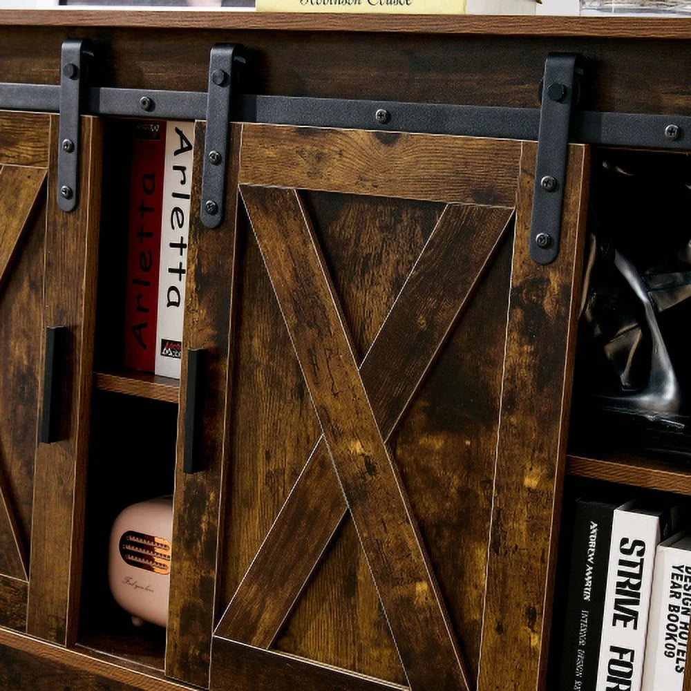 Wooden TV Stand with Storage Cabinet & 2 Sliding Barn Doors N51813
