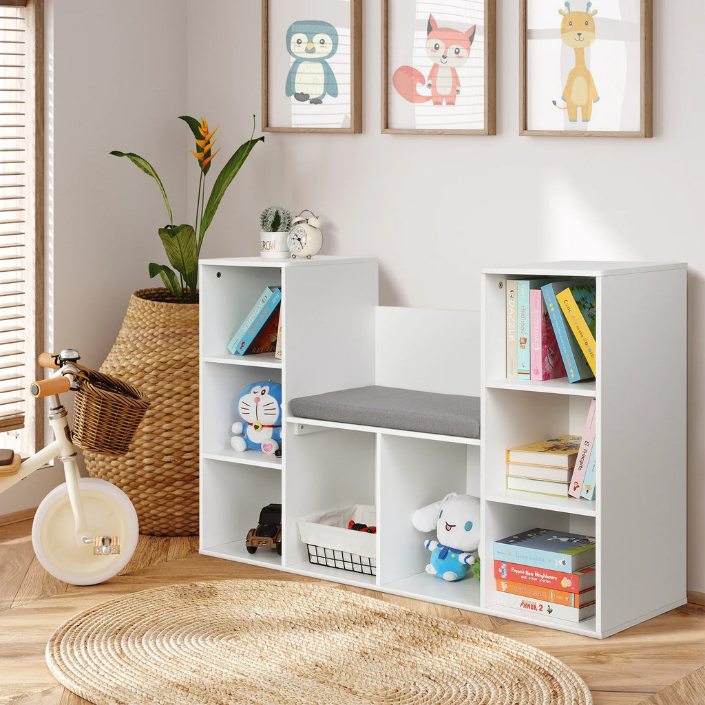 White 8-Cubby Kids Bookshelf with Reading Nook K471378