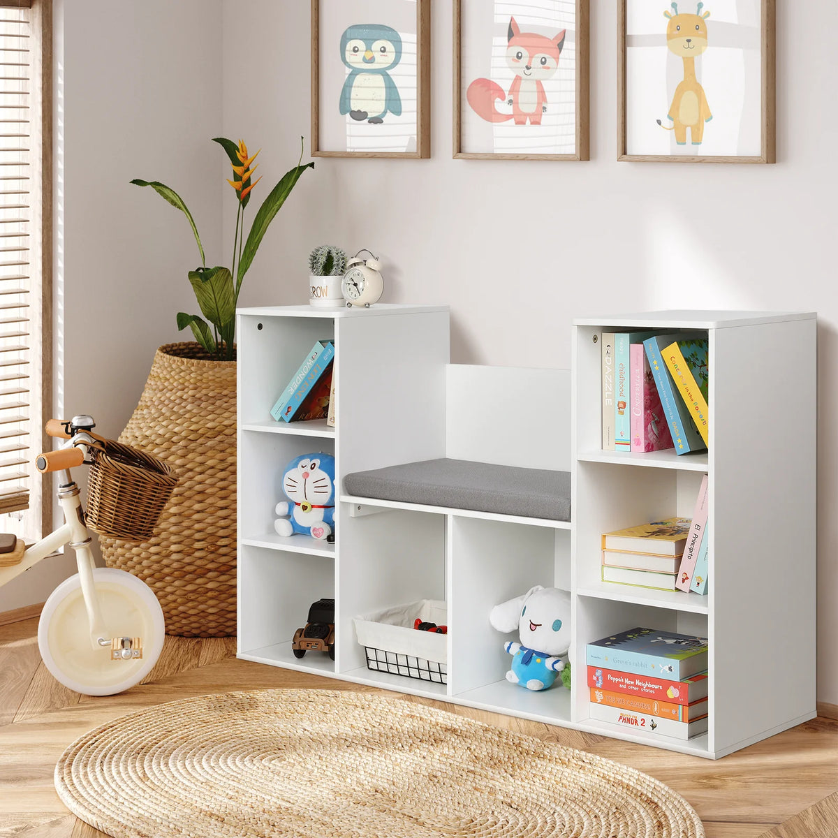White 8-Cubby Kids Bookshelf with Reading Nook K471378