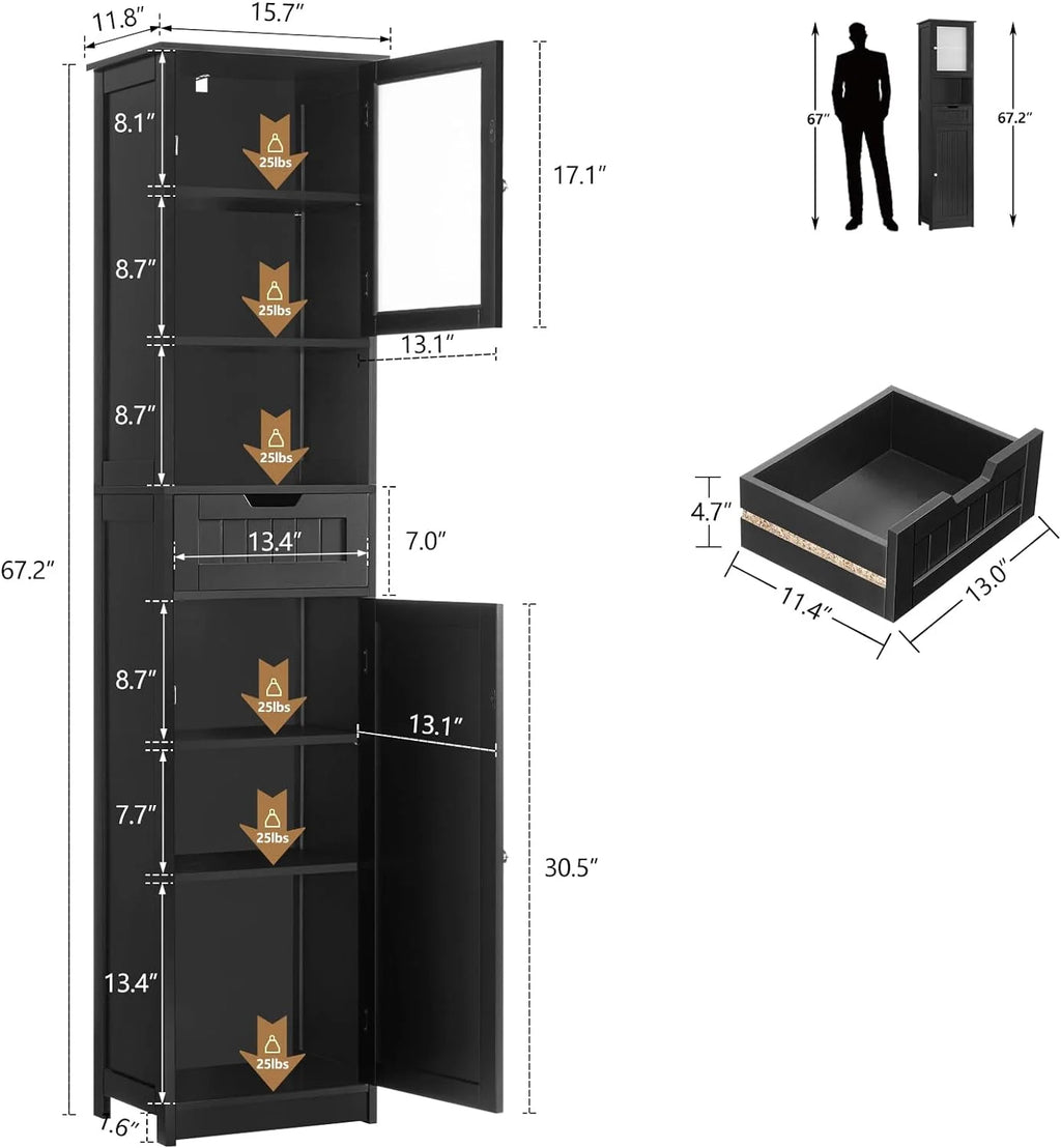 67.2" H Black Bathroom Storage Cabinet with 2 Doors & 1 Drawer T1408