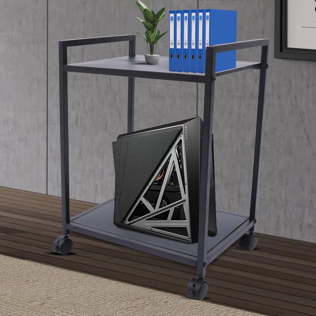 2Tier Computer Tower Stand with Lockable Wheels Black X729596