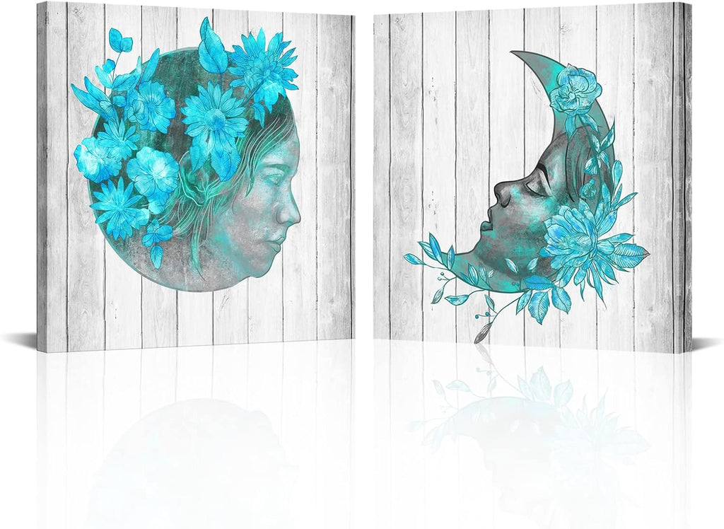 2 Pieces Teal Blue Floral Canvas Print Framed Wall Art W2907
