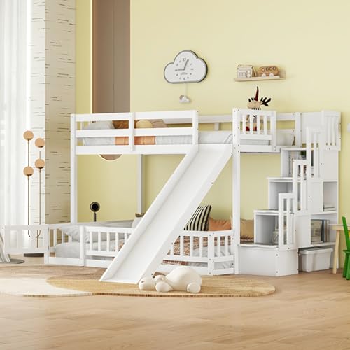 White Twin Over Full Bunk Bed with Slide and Storage Staircase D83386