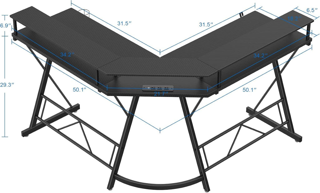 Black L Shaped Gaming Desk with LED Lights and Power Strip K708722