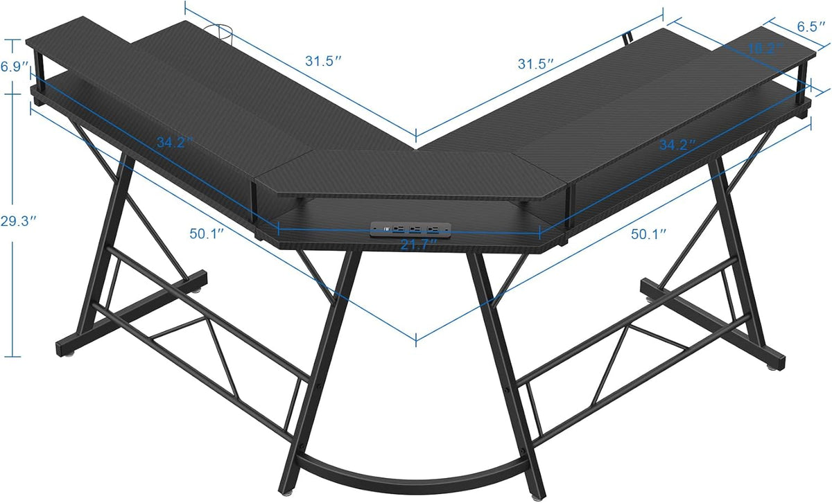 Black L Shaped Gaming Desk with LED Lights and Power Strip K708722