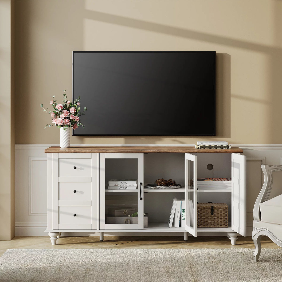 4-Door Glass and Wood TV Stand with 4 Storage Cabinets R768