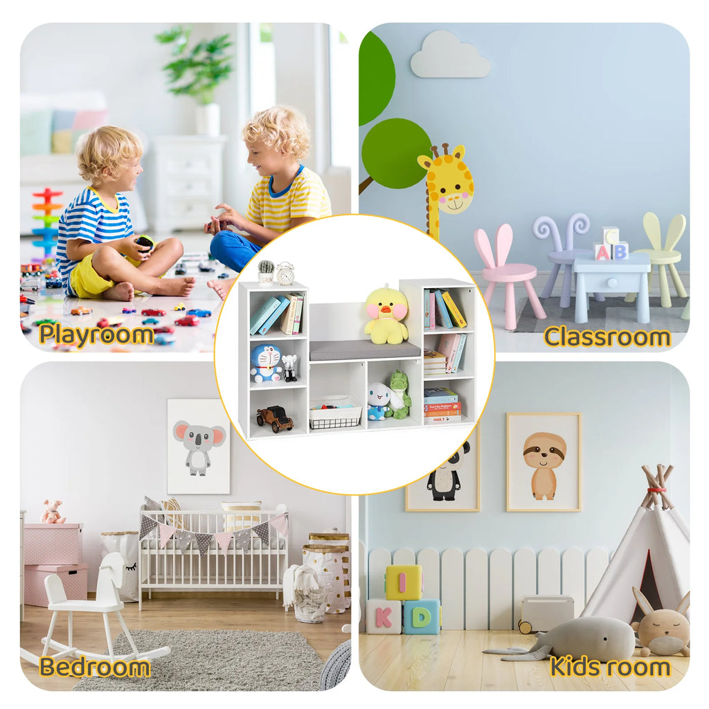 White 8-Cubby Kids Bookshelf with Reading Nook K471378