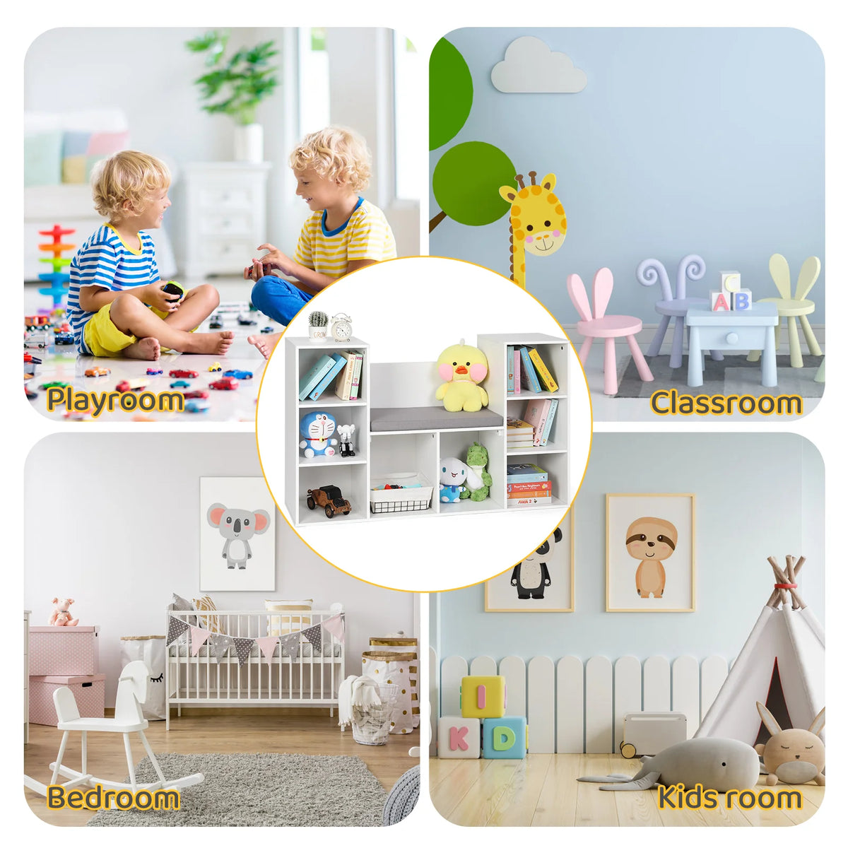 White 8-Cubby Kids Bookshelf with Reading Nook K471378