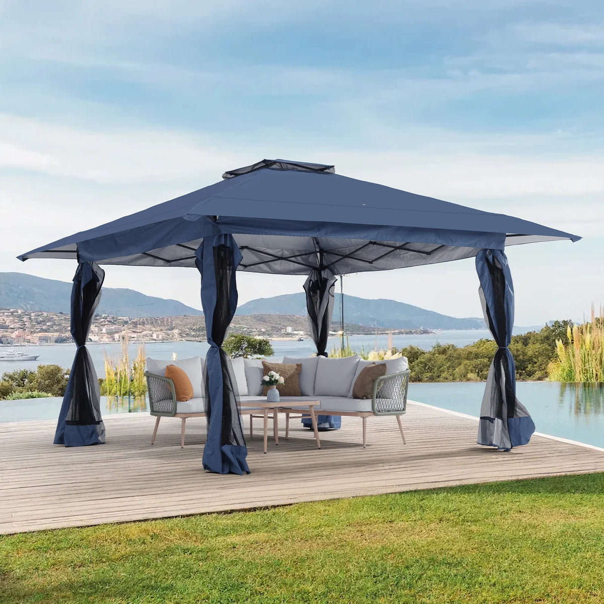 13'x13' Pop Up Gazebo with Netting Walls and Vented Roof Canopy, Beige J915