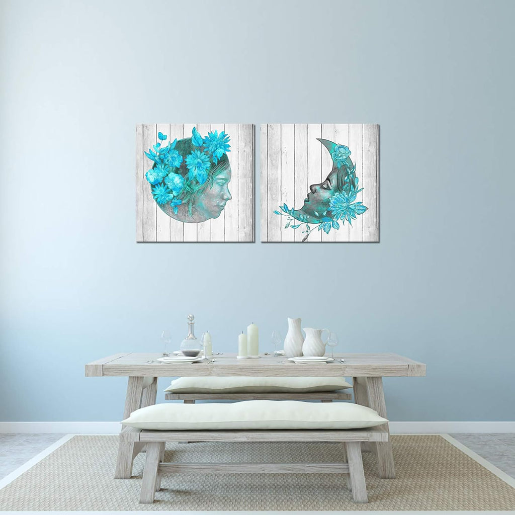 2 Pieces Teal Blue Floral Canvas Print Framed Wall Art W2907