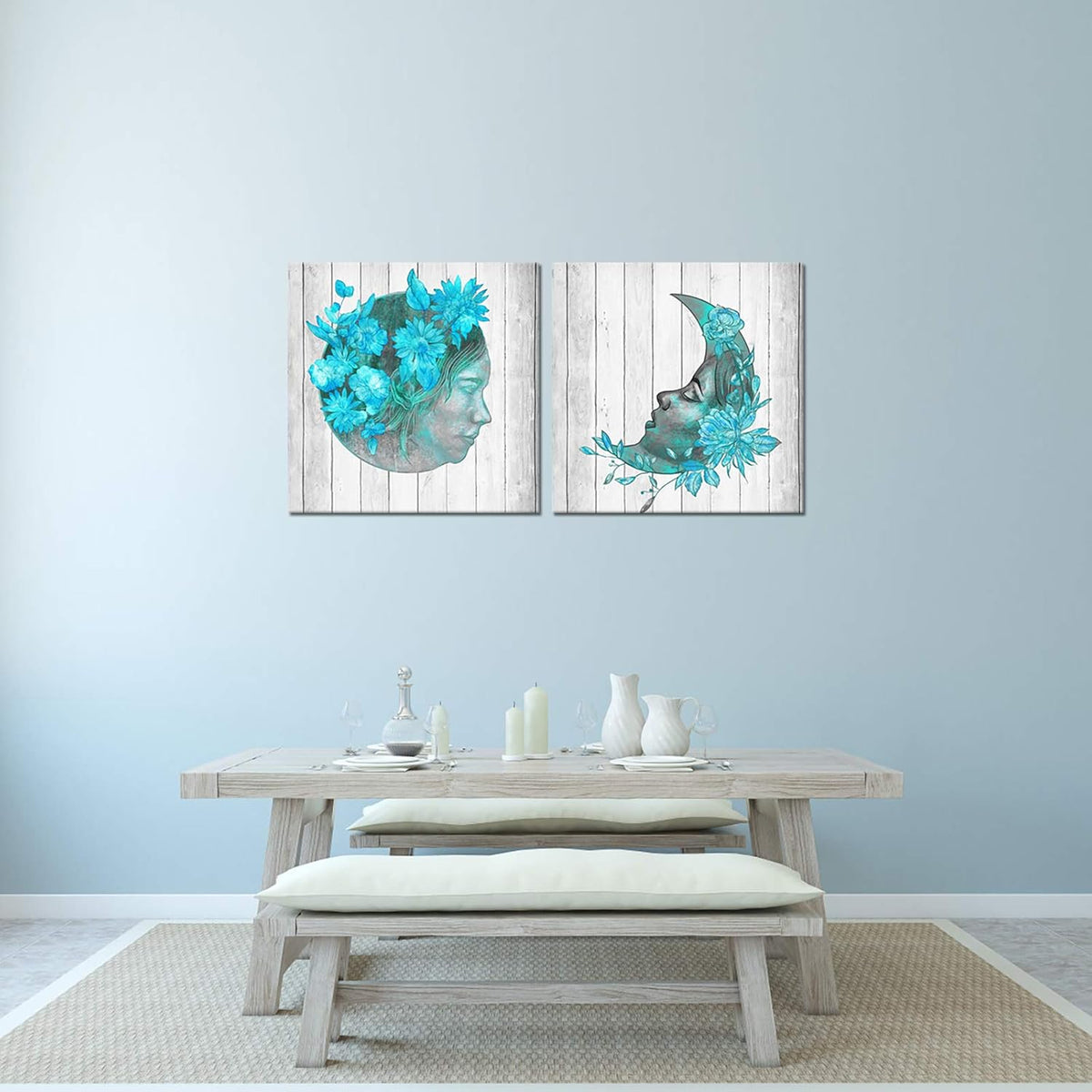 2 Pieces Teal Blue Floral Canvas Print Framed Wall Art W2907