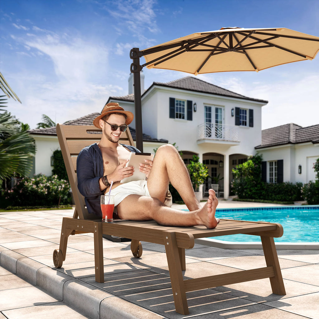 Brown Weather Resistant Poly Resin Chaise Lounge Chair with Wheel U773