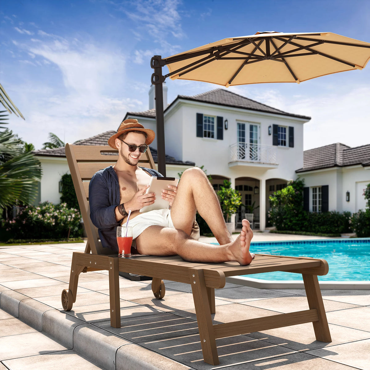 Brown Weather Resistant Poly Resin Chaise Lounge Chair with Wheel U773