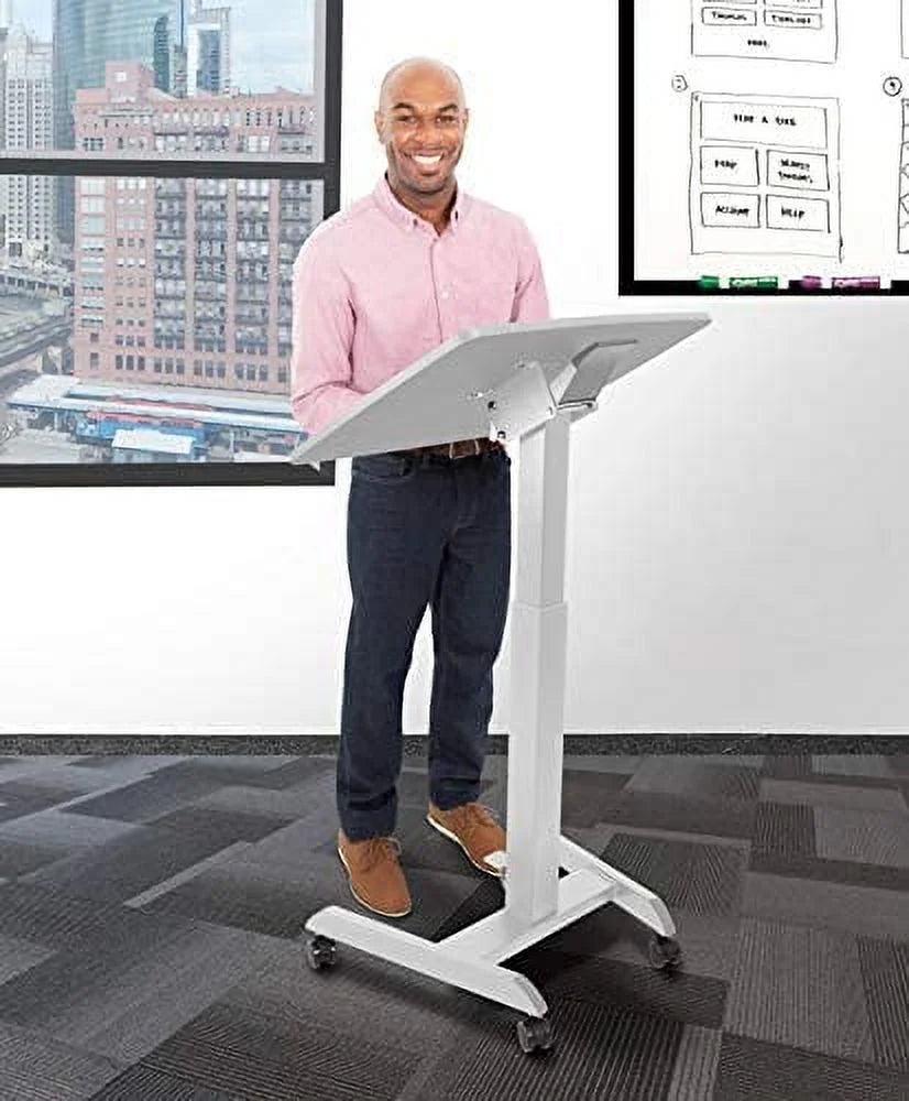 White Multifunctional Mobile Podium with Pneumatic Height Adjustments P369742