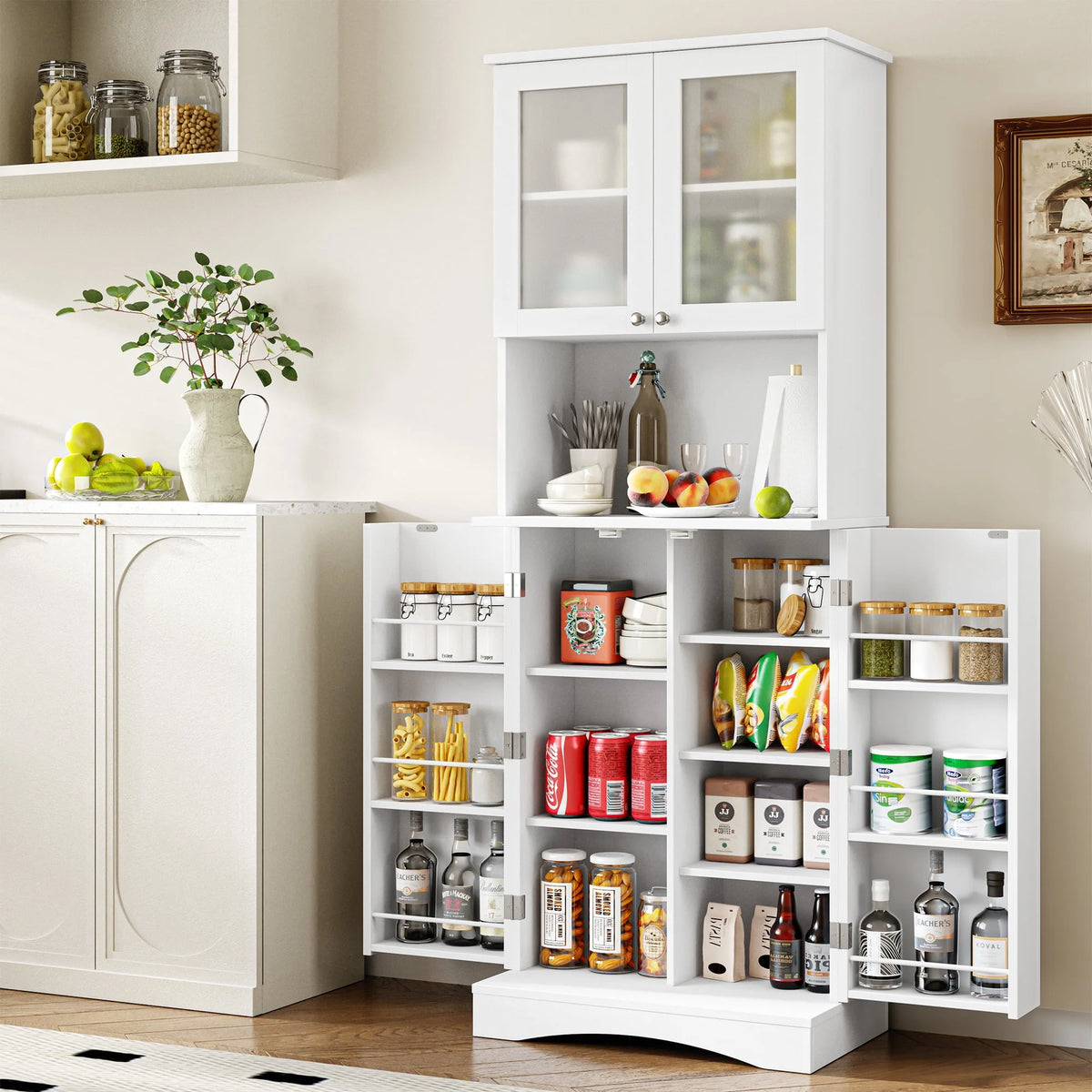 63'' White 4 Door Kitchen Storage Cabinet with Adjustable Shelves P298575