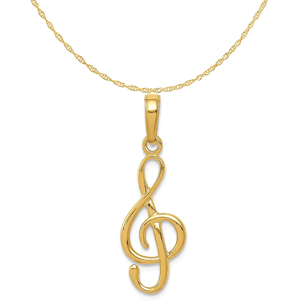 14K Yellow Gold Treble Clef Pendant Charm with Rope Chain Necklace 16'' I18665