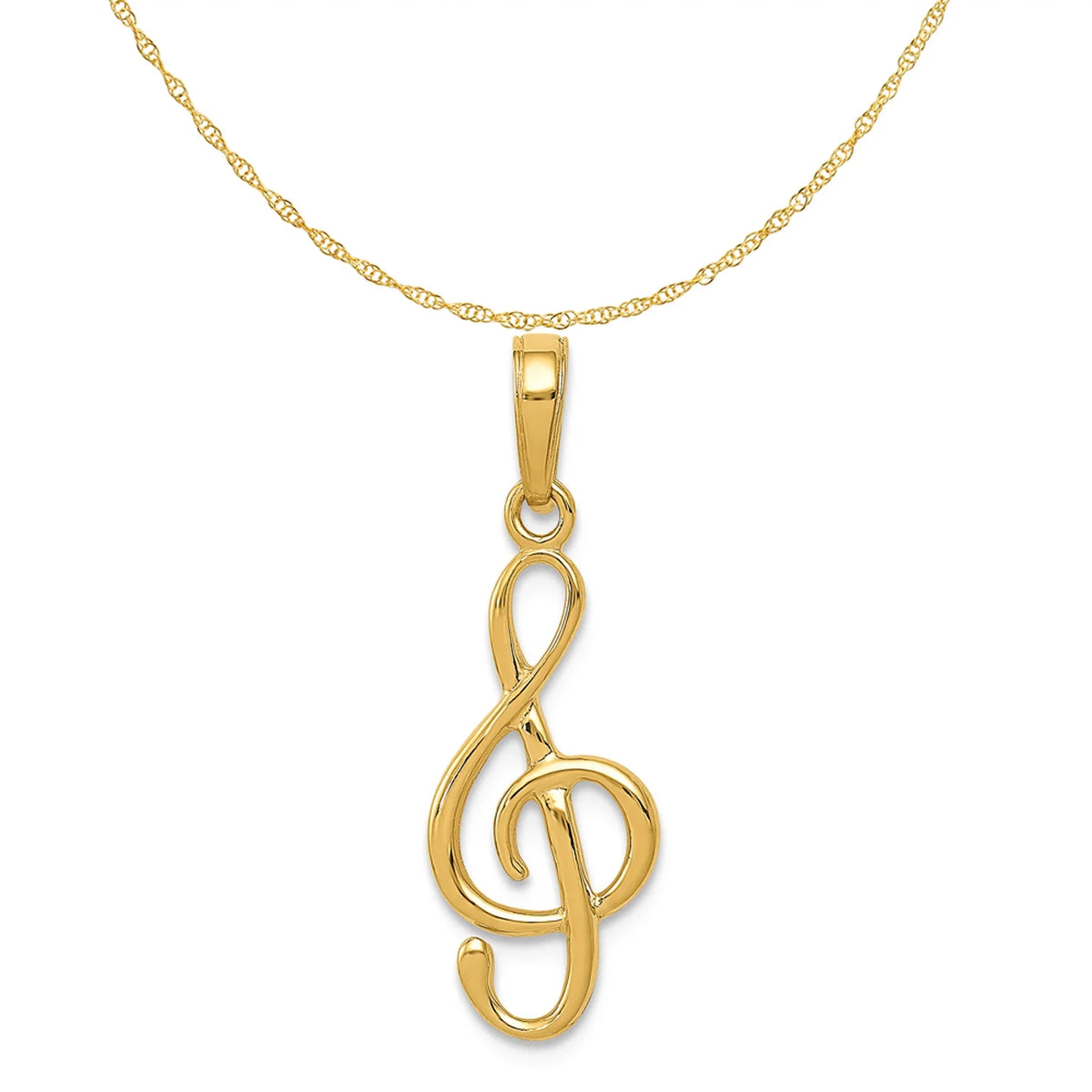 14K Yellow Gold Treble Clef Pendant Charm with Rope Chain Necklace 16'' I18665