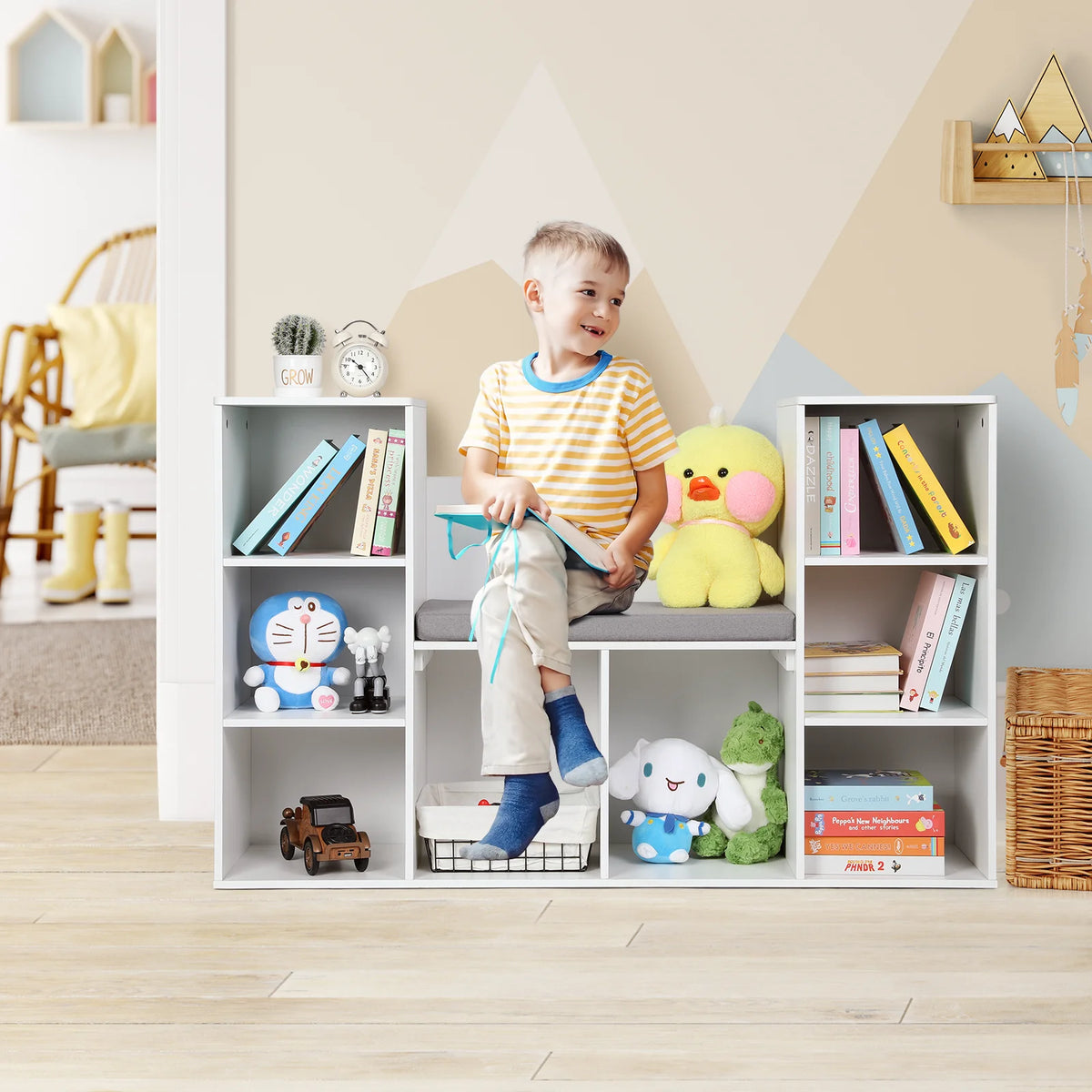 White 8-Cubby Kids Bookshelf with Reading Nook K471378