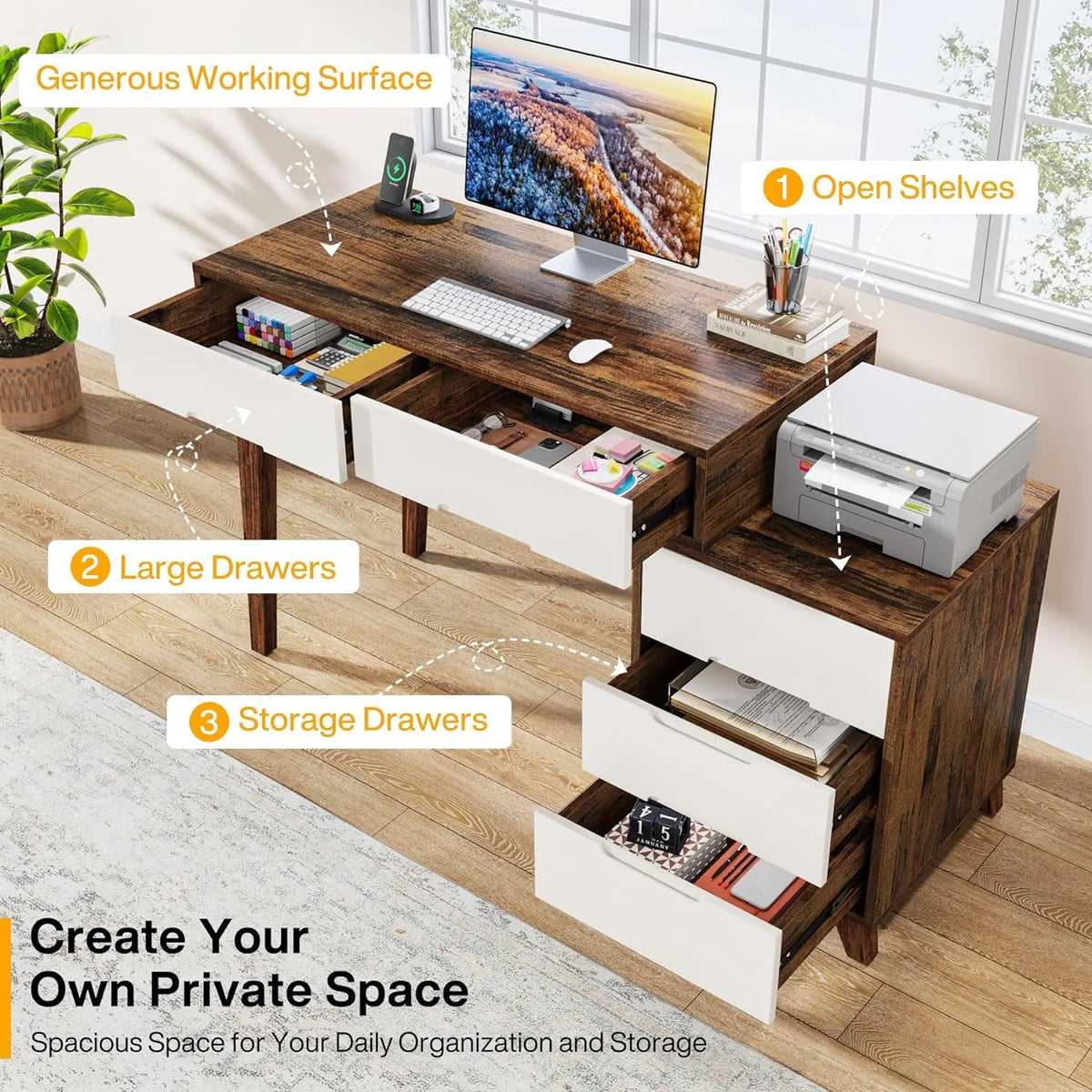 Modern Computer Desk with 5 Drawers, Reversible Study Writing Table, Brown & White M2439