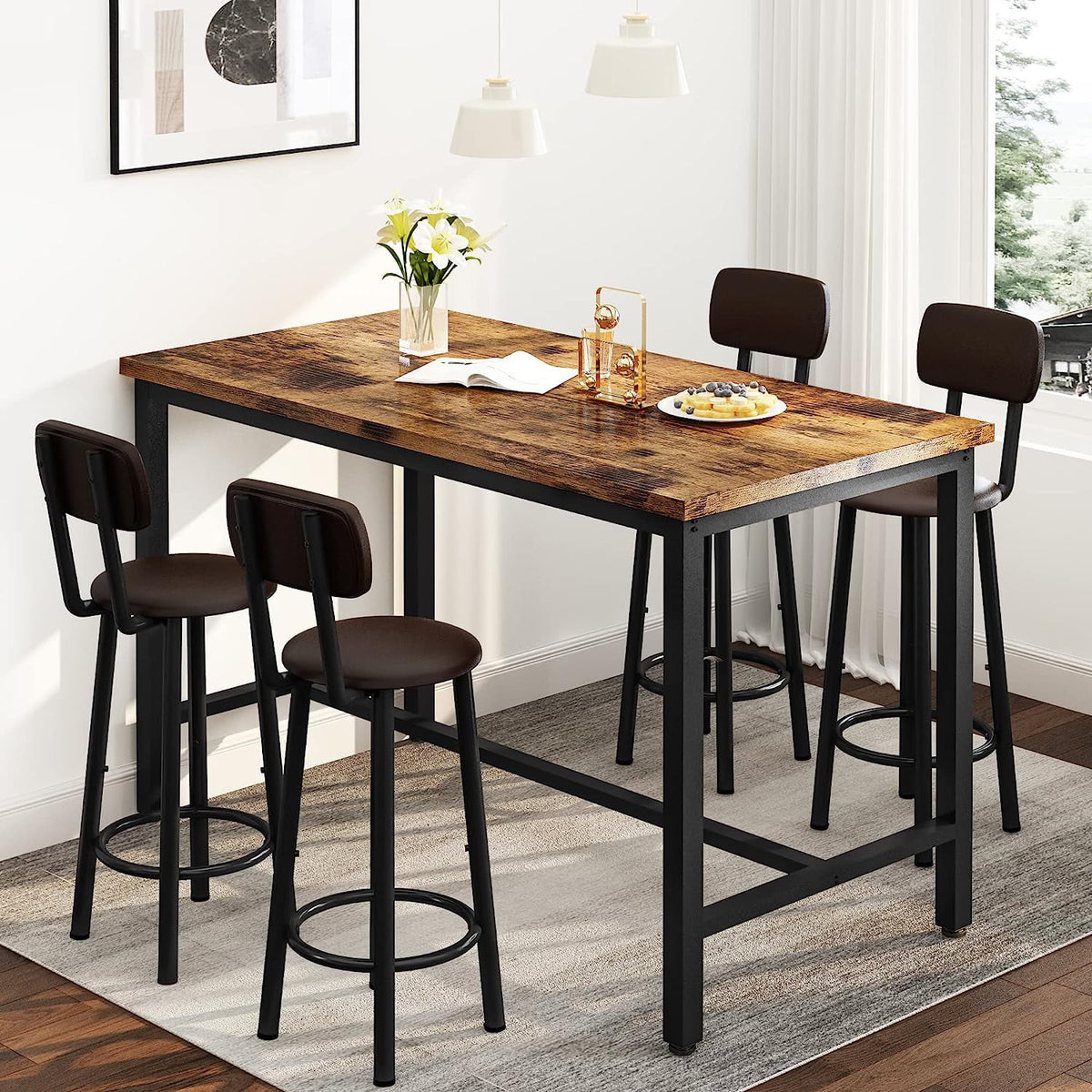 Faux Wooden 5-Piece Table Set with 4 Upholstered Chairs W70869