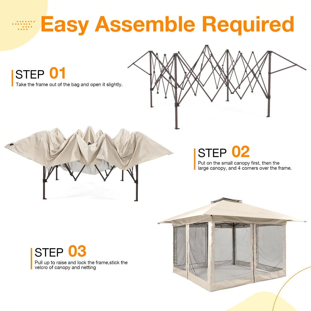 13'x13' Pop Up Gazebo with Netting Walls and Vented Roof Canopy, Beige J915