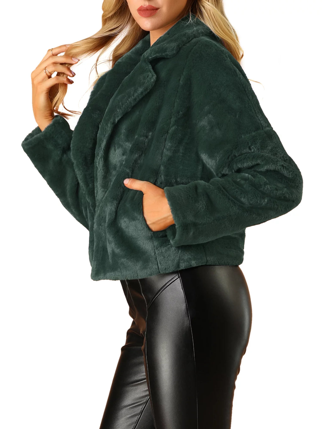 Loose Faux Fur Cropped Jacket Coat Dark Green X770225
