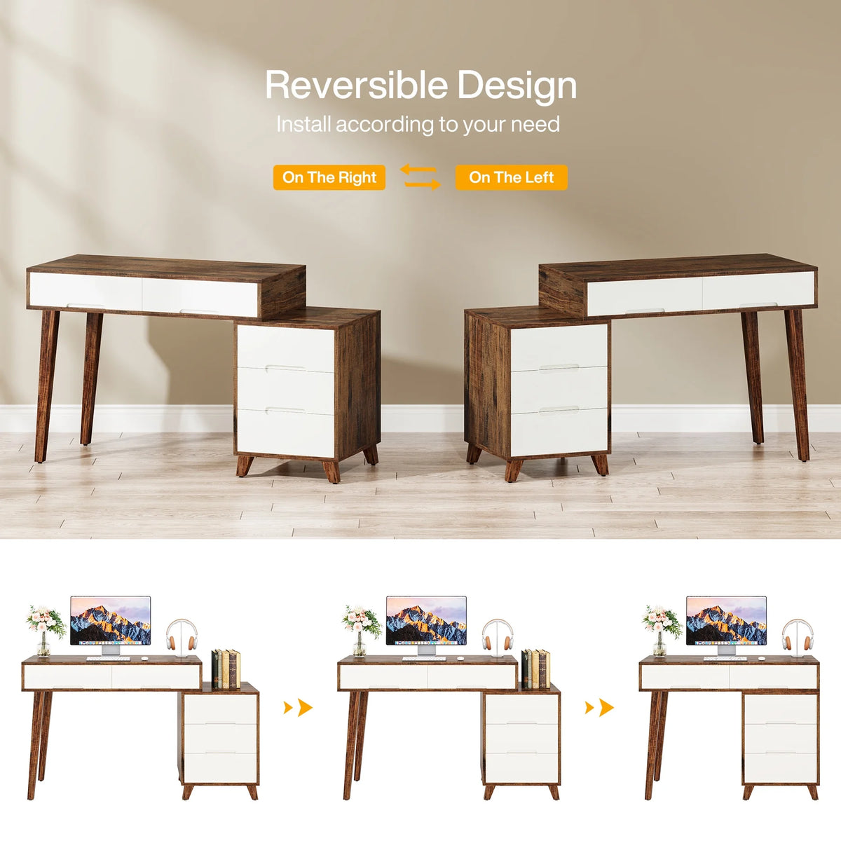 Modern Computer Desk with 5 Drawers, Reversible Study Writing Table, Brown & White M2439